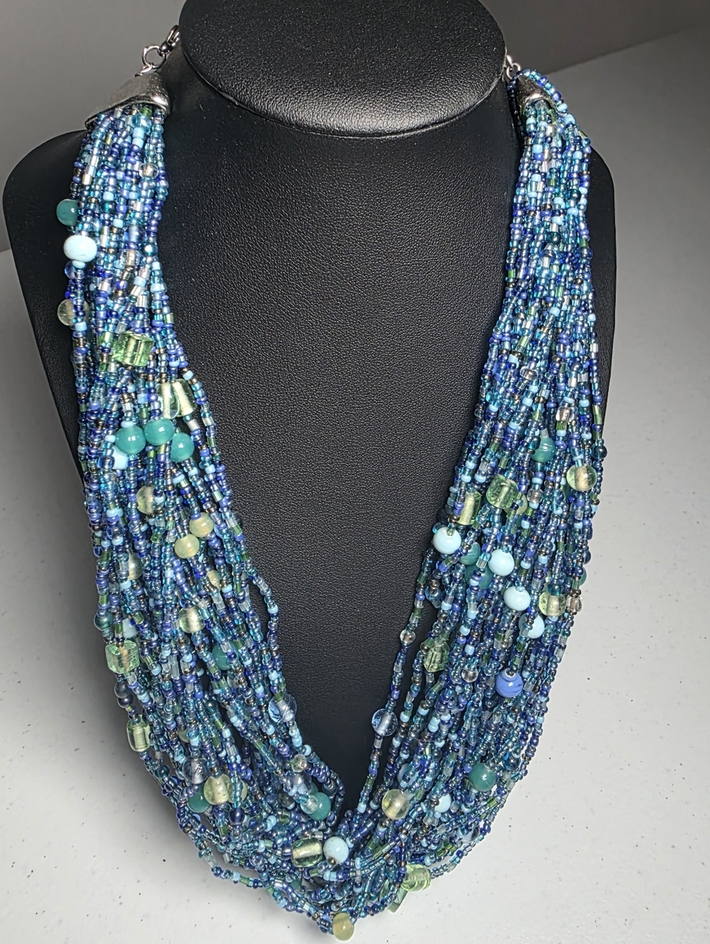 Multi-Strand Blue and Aqua Beaded Statement Necklace